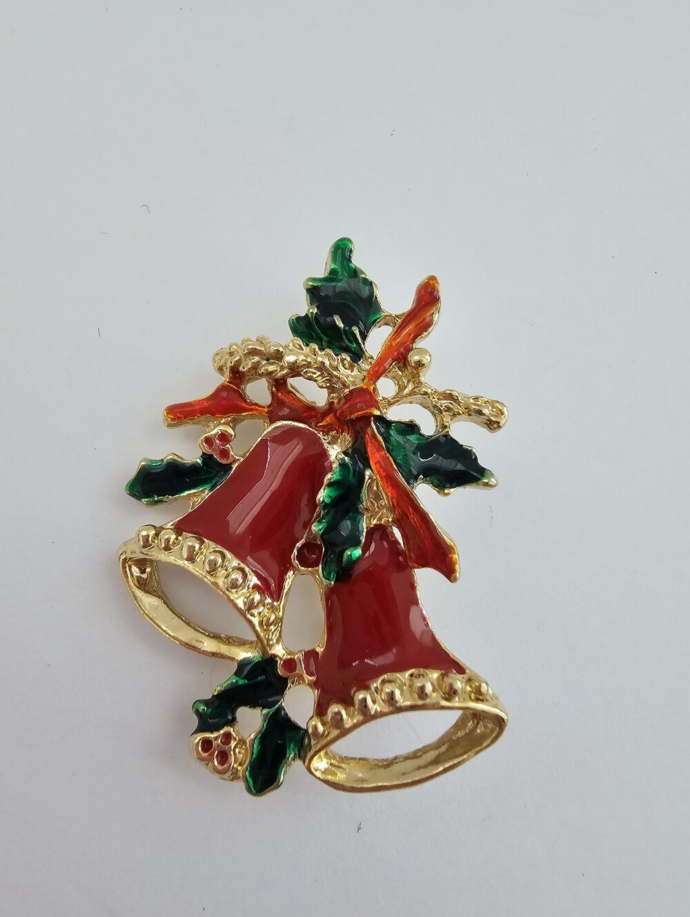 Vintage Gold Tone Red Enamel Double Christmas Bells Brooch Pin - Holly & Bow
